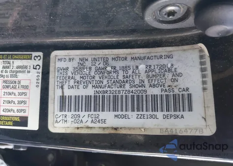 2007 Toyota Corolla S z USA, uszkodzony, nr VIN 1NXBR32E87Z842009